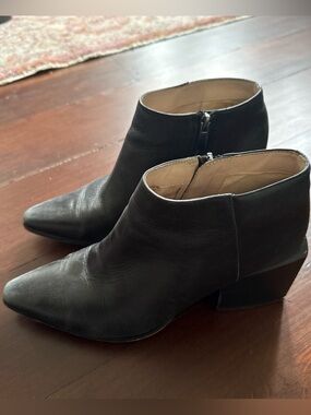 Clarks Black Leather Pointed Ankle Booties with Low Block Heel